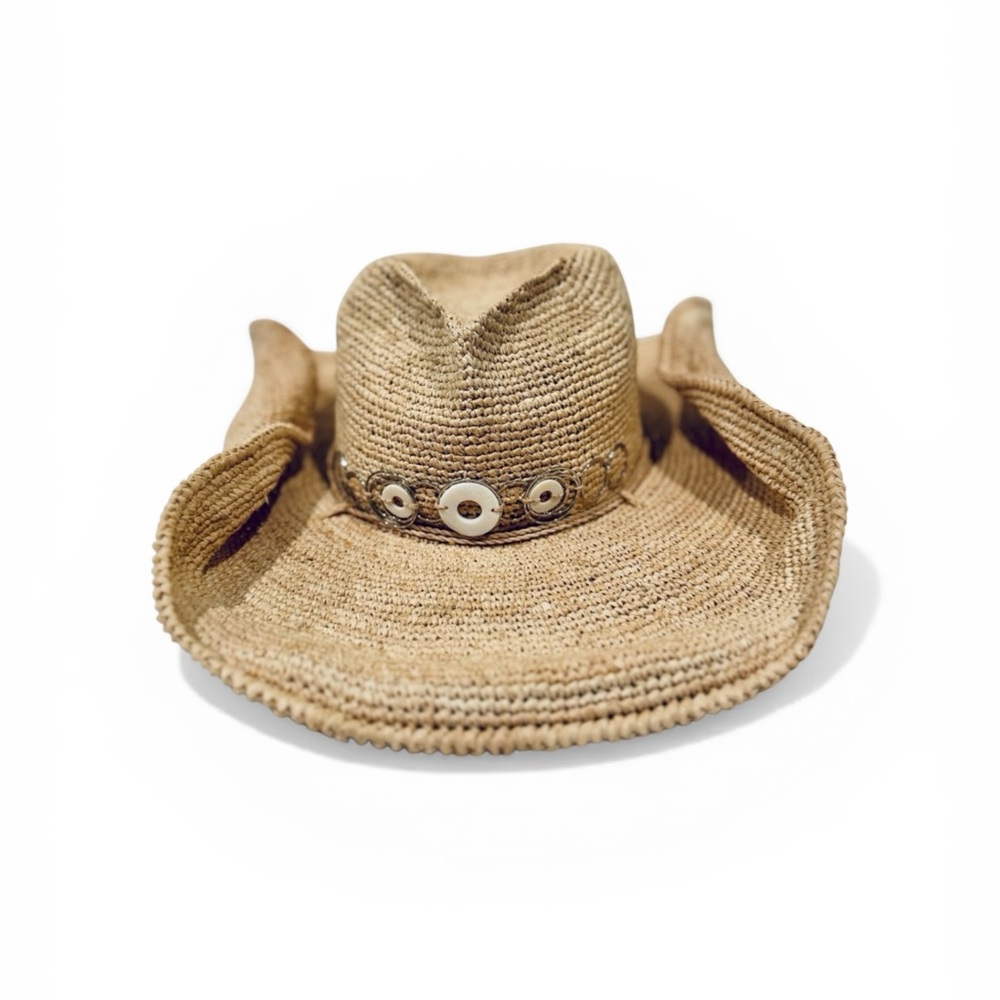 Helen Kamanski -raffia cowboy hat with shell detailing and wired rim / one size